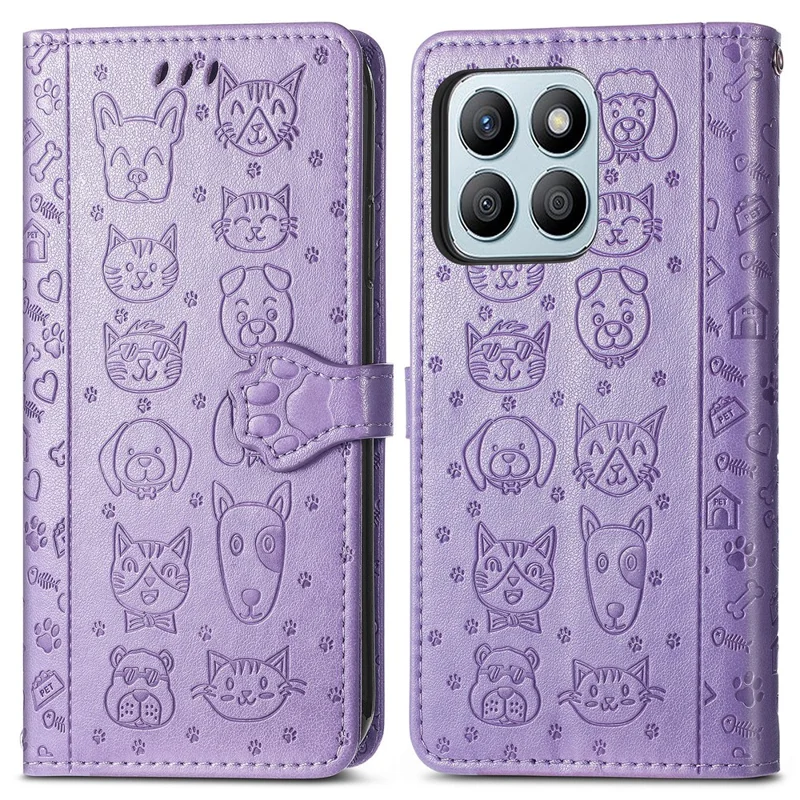 Leather Case For Honor X7c 4G / 200 Smart 5G / Play 60 Plus 5G Wallet Flip Phone Cover Cute Cat Dog Pattern - Light Purple