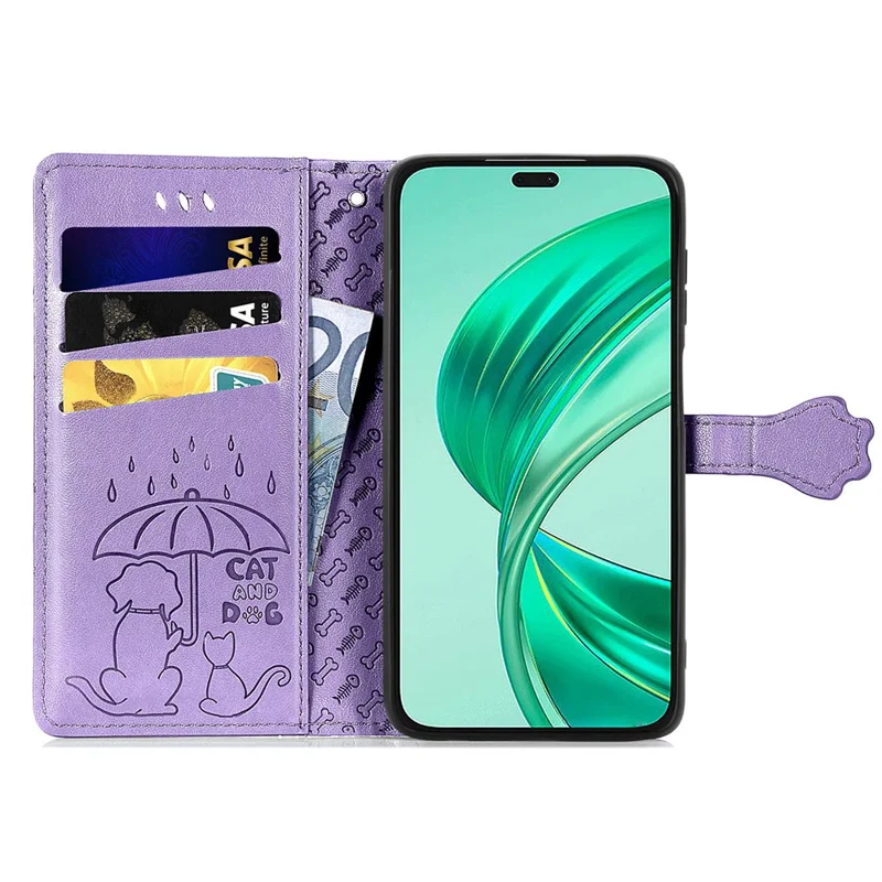 Leather Case For Honor X7c 4G / 200 Smart 5G / Play 60 Plus 5G Wallet Flip Phone Cover Cute Cat Dog Pattern - Light Purple