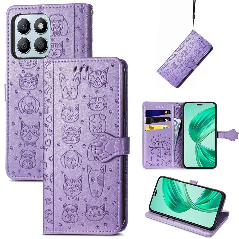 Leather Case For Honor X7c 4G / 200 Smart 5G / Play 60 Plus 5G Wallet Flip Phone Cover Cute Cat Dog Pattern - Light Purple