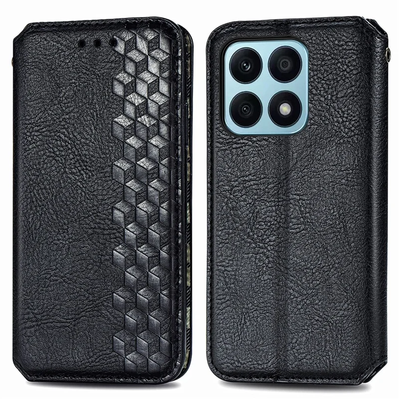 PU Leather Case For Honor X7c 4G / 200 Smart 5G / Play 60 Plus 5G Rhombus Imprint Wallet Stand Phone Cover - Black