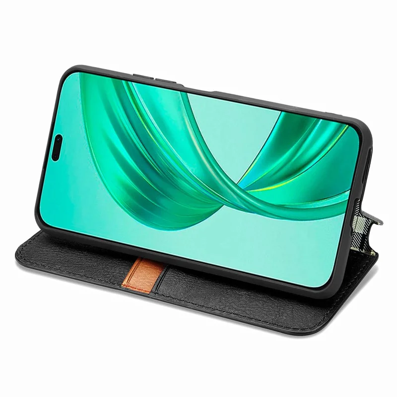 PU Leather Case For Honor X7c 4G / 200 Smart 5G / Play 60 Plus 5G Rhombus Imprint Wallet Stand Phone Cover - Black