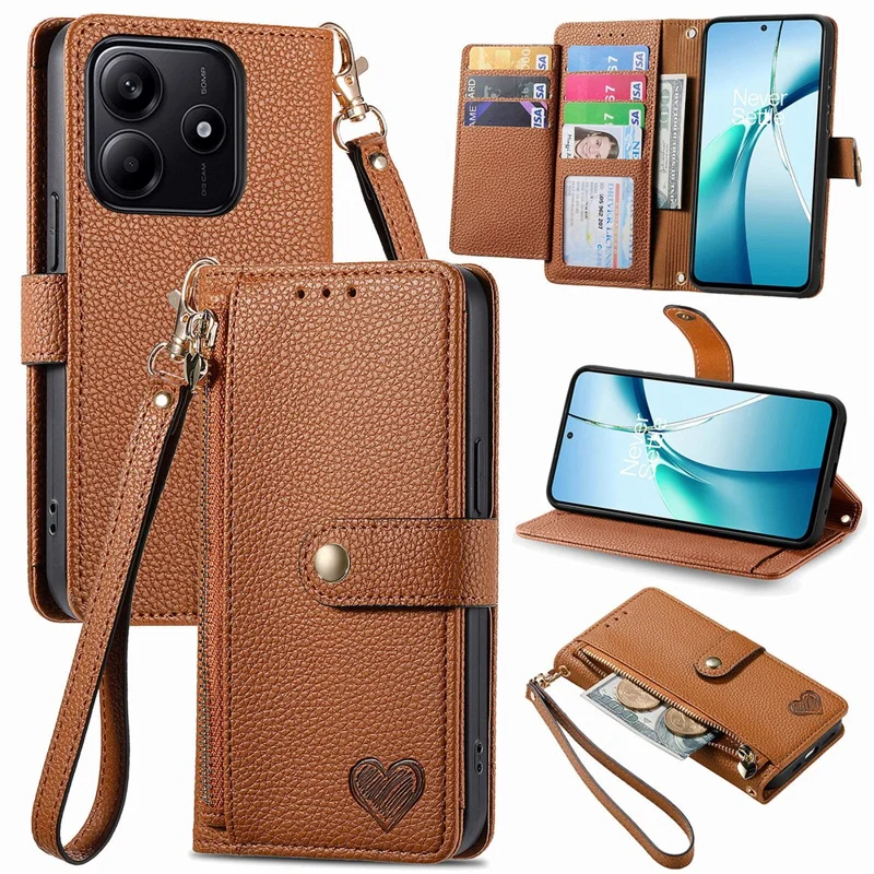 For Xiaomi Redmi Note 14 5G Case RFID Blocking Zipper Pocket Leather Wallet Phone Cover - Brown