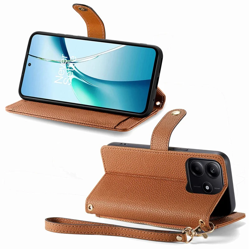 For Xiaomi Redmi Note 14 5G Case RFID Blocking Zipper Pocket Leather Wallet Phone Cover - Brown