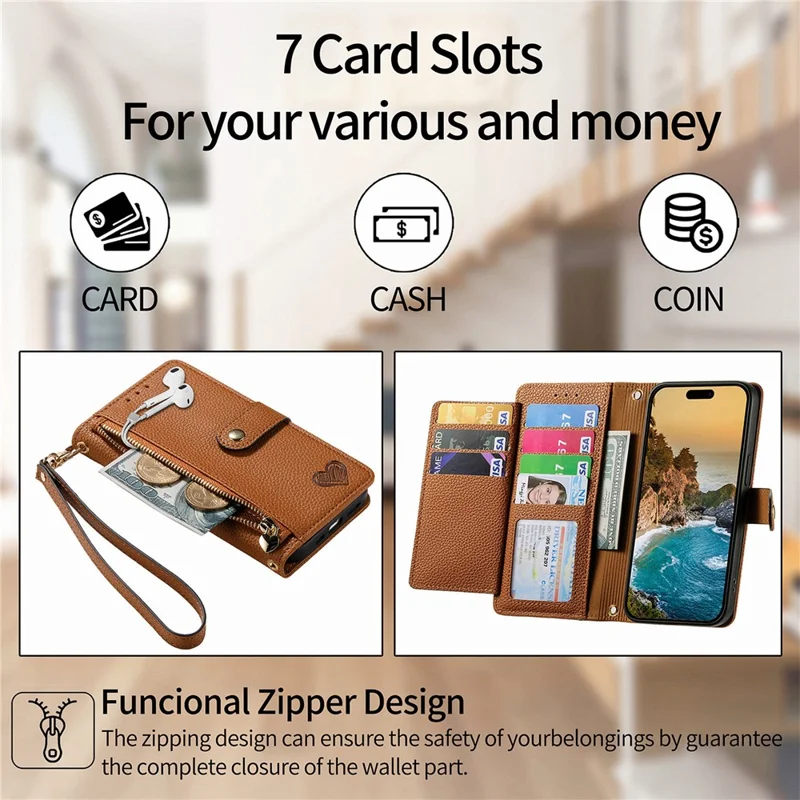 For Xiaomi Redmi Note 14 5G Case RFID Blocking Zipper Pocket Leather Wallet Phone Cover - Brown