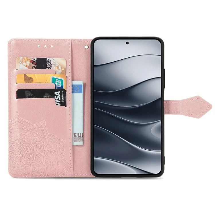 Für Xiaomi Redmi Note 14 5G Wallet Case Mandala Blume Leder Handyhülle Ständer Ansicht - Roségold
