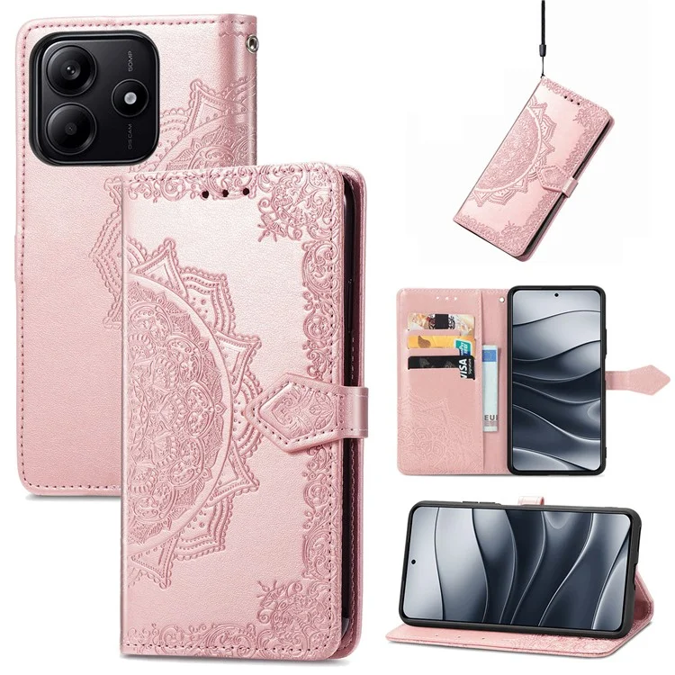 Für Xiaomi Redmi Note 14 5G Wallet Case Mandala Blume Leder Handyhülle Ständer Ansicht - Roségold