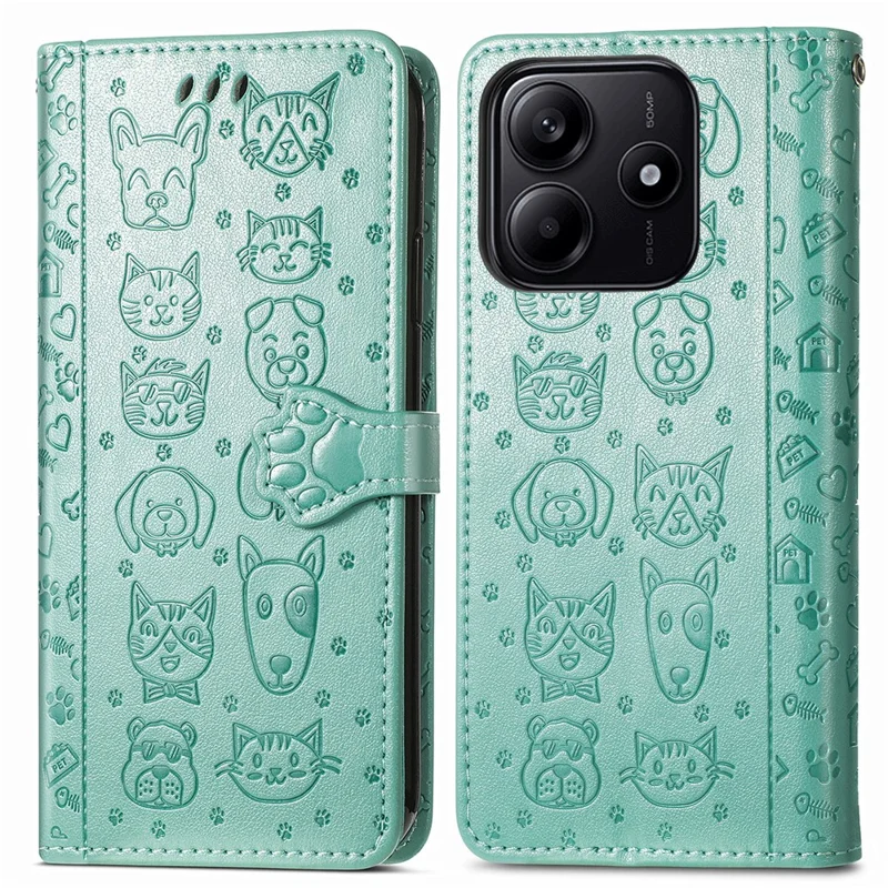 For Xiaomi Redmi Note 14 5G Case Leather Wallet Flip Phone Cover Cute Cat Dog Pattern - Green