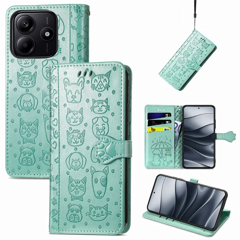 For Xiaomi Redmi Note 14 5G Case Leather Wallet Flip Phone Cover Cute Cat Dog Pattern - Green