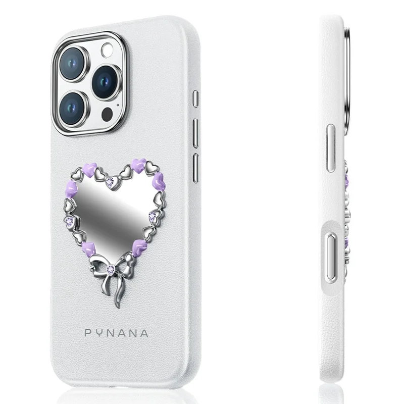 PYNANA PN-16YJ2 For iPhone 16 Pro Case Heart-Shape Mirror Leather Back Cover