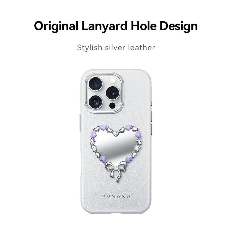 PYNANA PN-16YJ2 For iPhone 16 Pro Case Heart-Shape Mirror Leather Back Cover