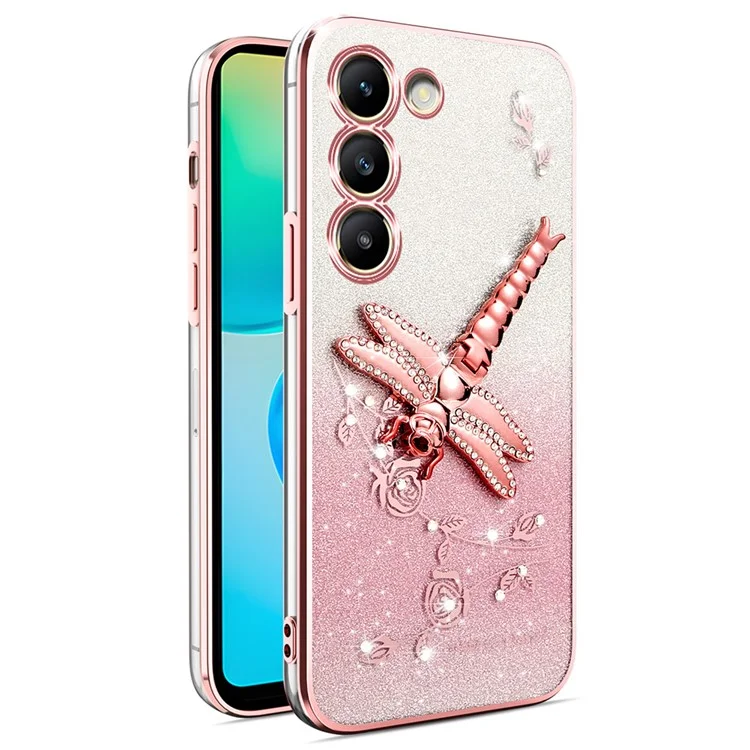 KADEM For Samsung Galaxy S23 Case Dragonfly Kickstand TPU Flowers Glitter Phone Cover - Pink