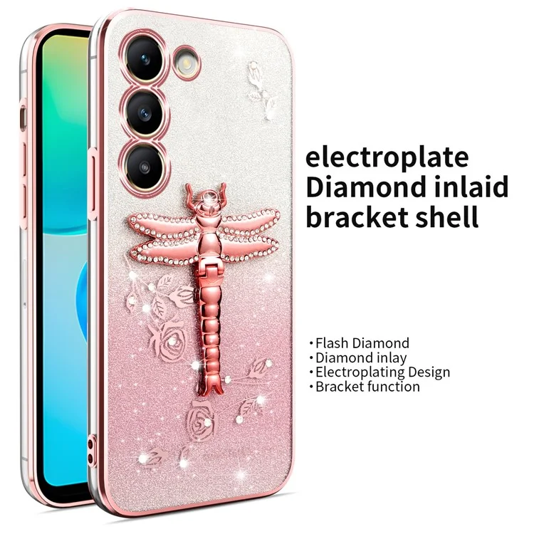 KADEM For Samsung Galaxy S23 Case Dragonfly Kickstand TPU Flowers Glitter Phone Cover - Pink