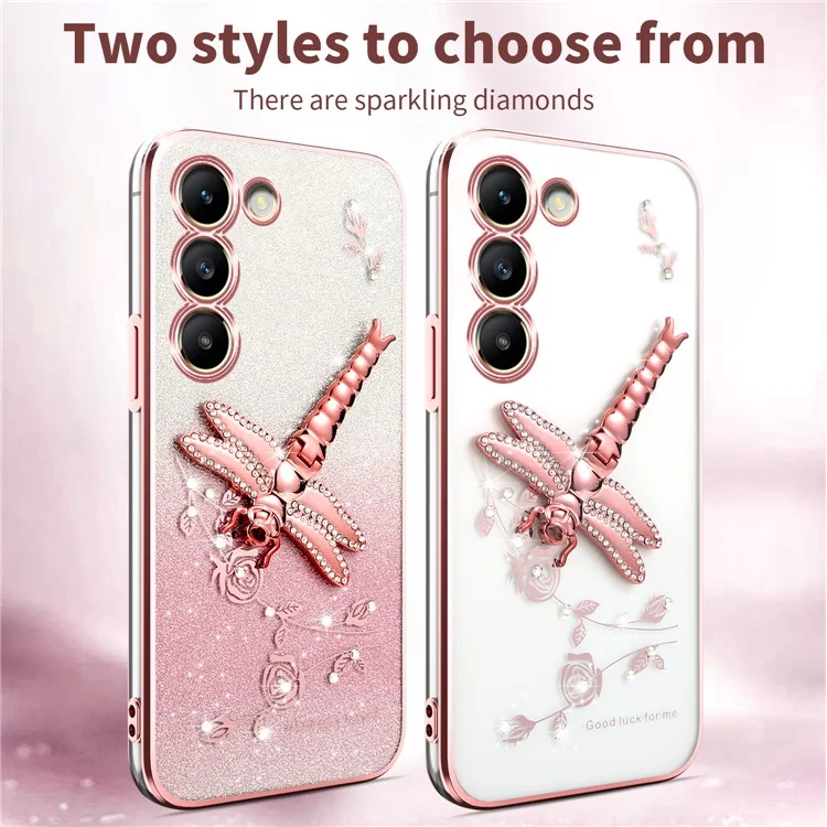 KADEM For Samsung Galaxy S23 Case Dragonfly Kickstand TPU Flowers Glitter Phone Cover - Pink