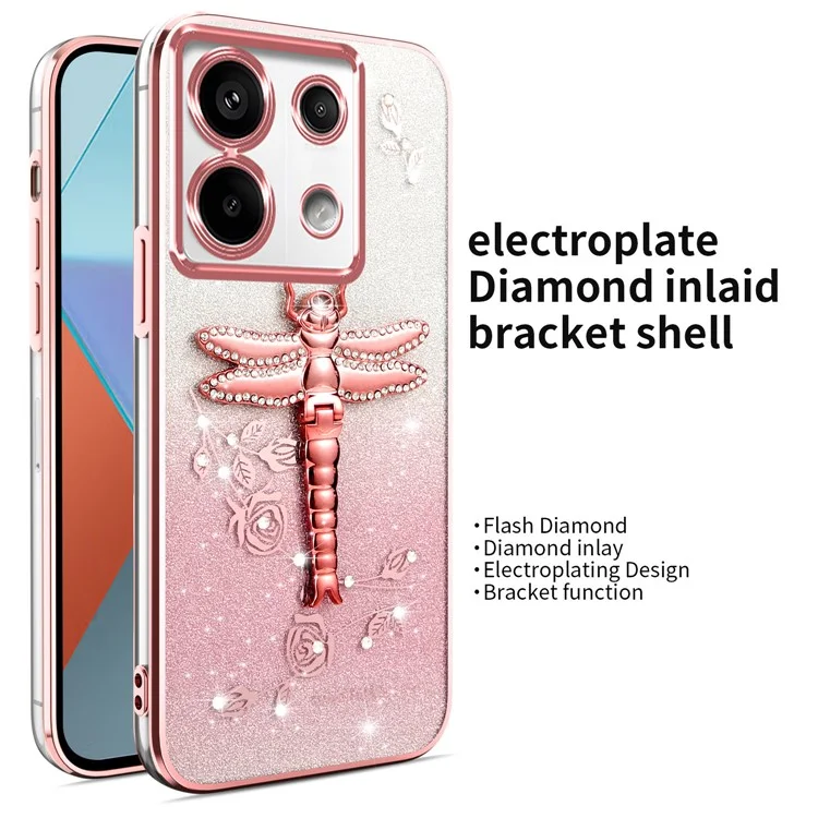 KADEM Hülle für Xiaomi Redmi Note 13 Pro 5G - Dragonfly Kickstand TPU Blumen Glitzer Handyhülle - Pink