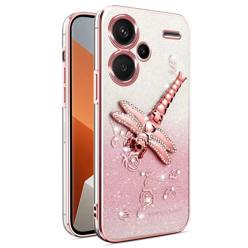 KADEM For Xiaomi Redmi Note 13 Pro+ 5G Case Dragonfly Kickstand TPU Flowers Glitter Phone Cover - Pink