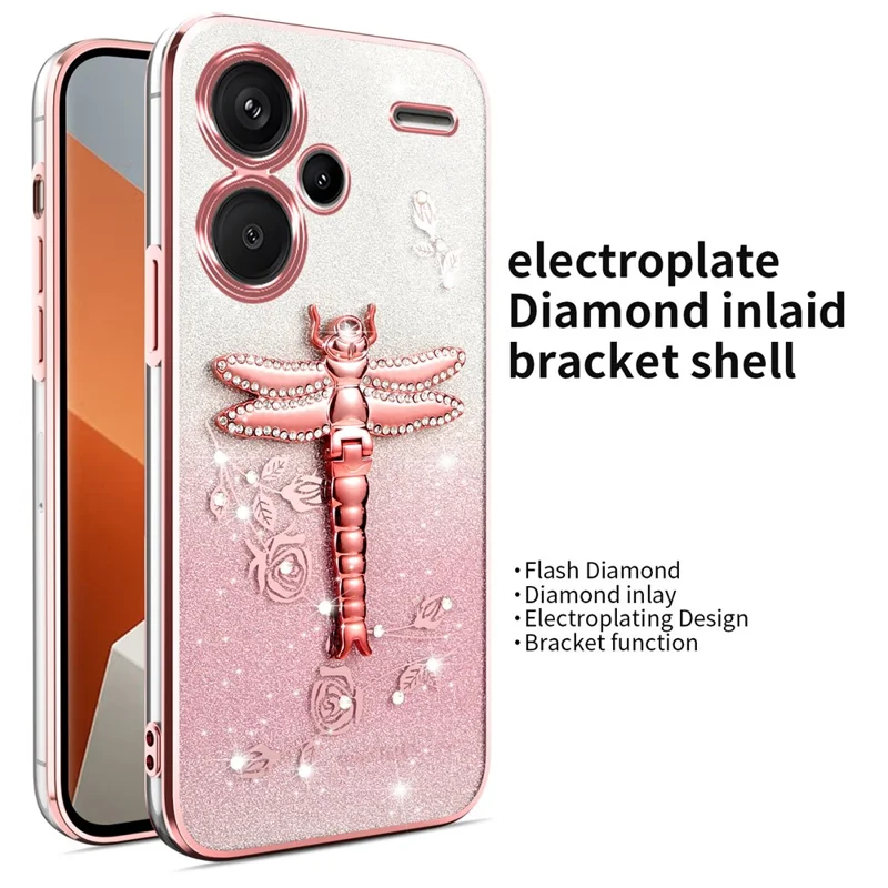 KADEM For Xiaomi Redmi Note 13 Pro+ 5G Case Dragonfly Kickstand TPU Flowers Glitter Phone Cover - Pink