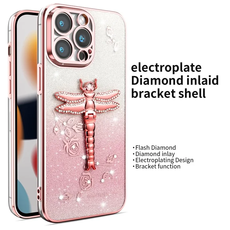 Funda para iPhone 15 Pro Max de KADEM con diseño de libélula, soporte plegable, flores y purpurina - Rosa