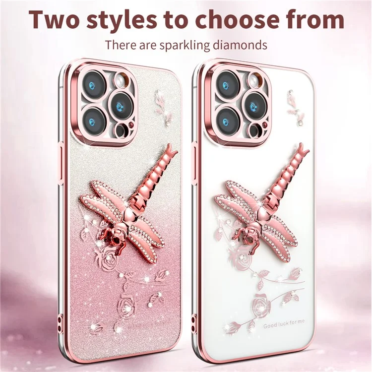 Funda para iPhone 15 Pro Max de KADEM con diseño de libélula, soporte plegable, flores y purpurina - Rosa