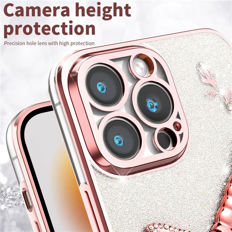 Funda para iPhone 15 Pro Max de KADEM con diseño de libélula, soporte plegable, flores y purpurina - Rosa