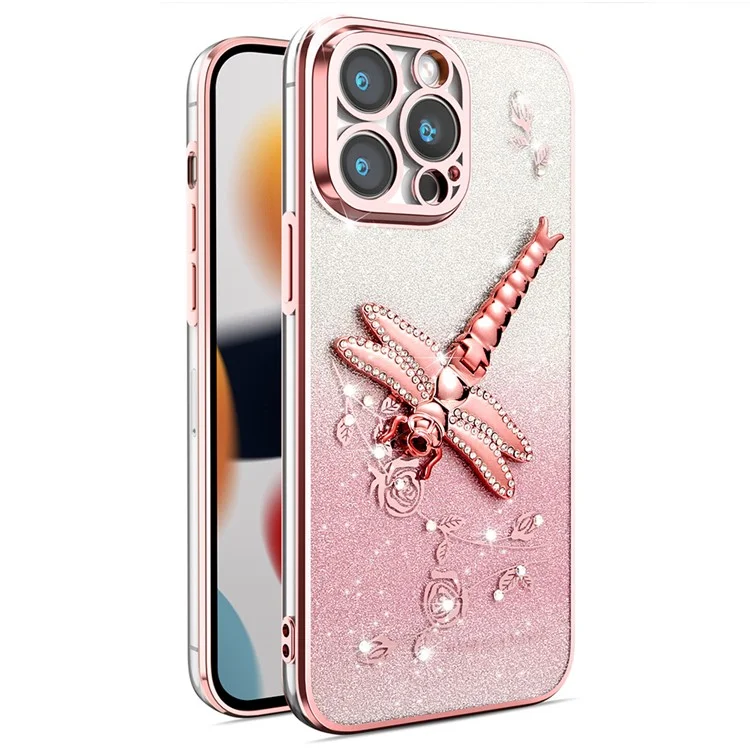 KADEM For iPhone 14 Pro Max Case Dragonfly Kickstand TPU Flowers Glitter Phone Cover - Pink