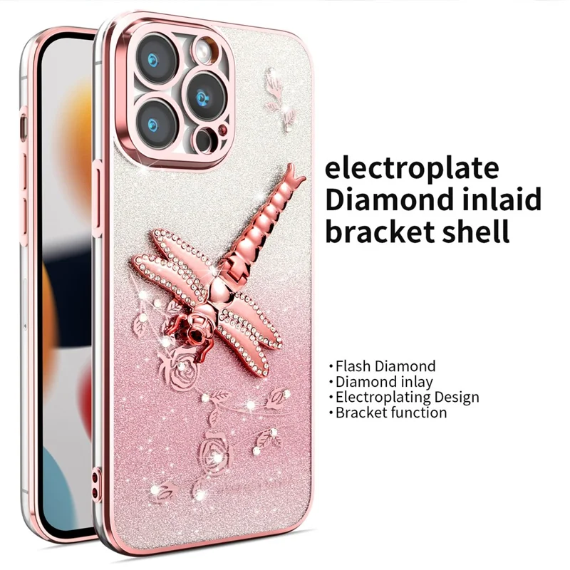 KADEM For iPhone 13 Pro Max Case Dragonfly Kickstand TPU Flowers Glitter Phone Cover - Pink