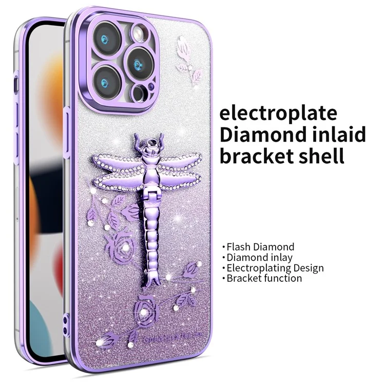 KADEM For iPhone 13 Pro Max Case Dragonfly Kickstand TPU Flowers Glitter Phone Cover - Purple