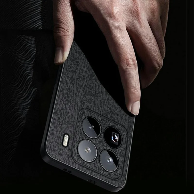 For Xiaomi 15 Pro Case Wood Texture PU Leather Coated PC+TPU Phone Cover - Black