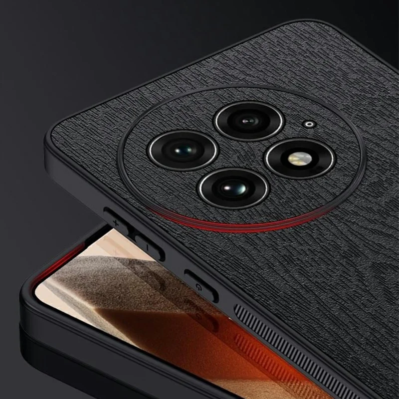 For OnePlus 13 Case Wood Texture PU Leather Coated PC+TPU Phone Cover - Black