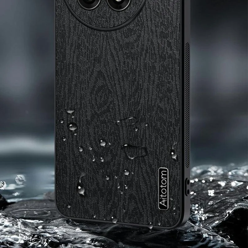 For OnePlus 13 Case Wood Texture PU Leather Coated PC+TPU Phone Cover - Black