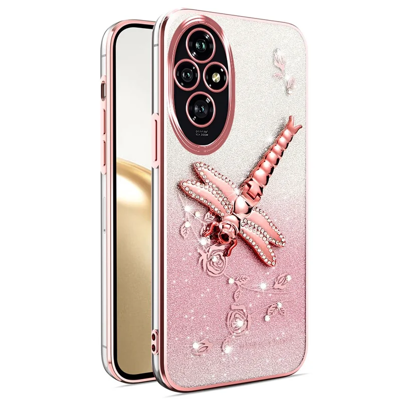 Étui KADEM For Honor 200 5G Dragonfly Kickstand TPU Fleurs Paillettes Couverture de téléphone - Rose