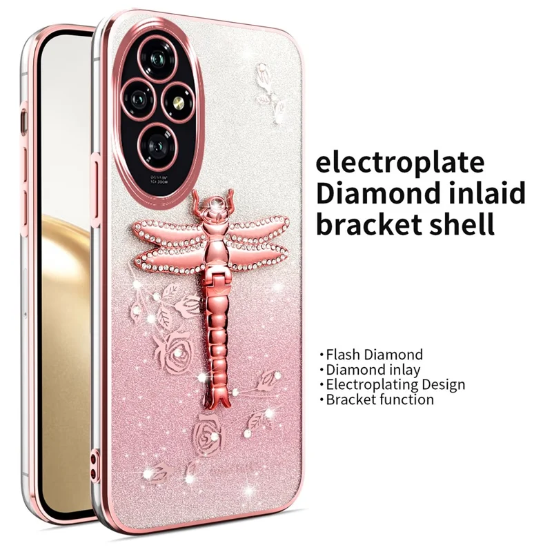 Étui KADEM For Honor 200 5G Dragonfly Kickstand TPU Fleurs Paillettes Couverture de téléphone - Rose