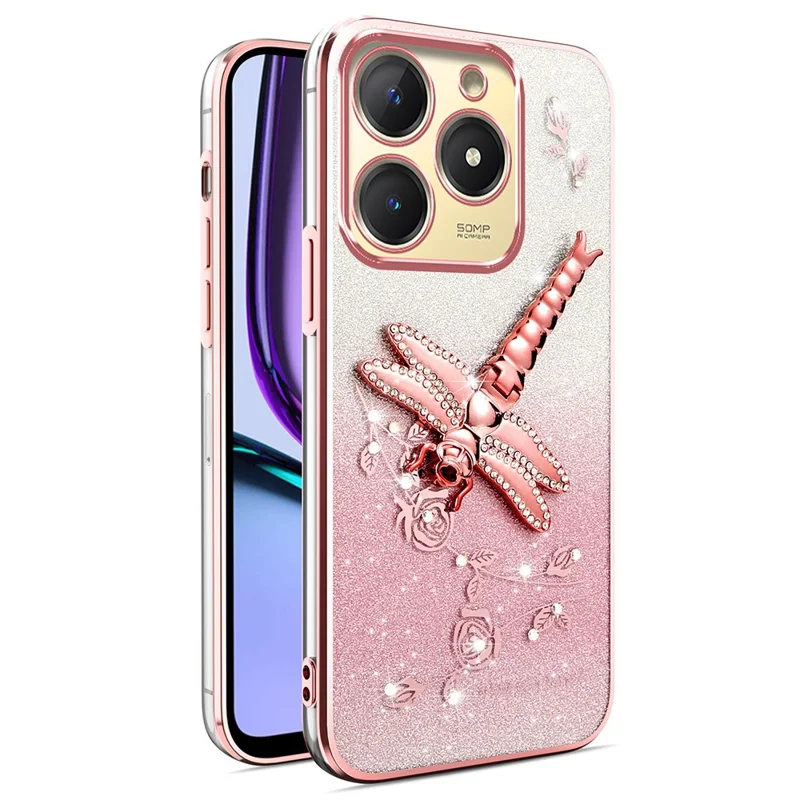 Custodia KADEM per TECNO Spark Go 2024 4G, Dragonfly Kickstand TPU Flowers Glitter Phone Cover - Rosa