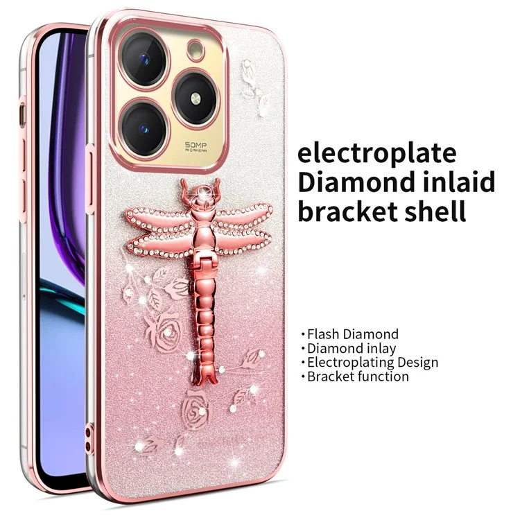 Custodia KADEM per TECNO Spark Go 2024 4G, Dragonfly Kickstand TPU Flowers Glitter Phone Cover - Rosa