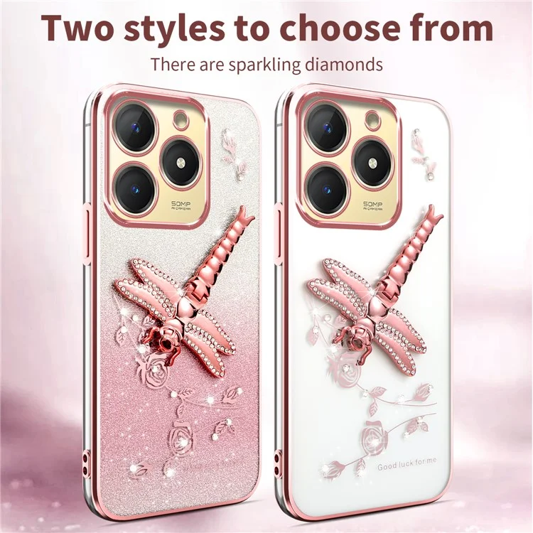 Custodia KADEM per TECNO Spark Go 2024 4G, Dragonfly Kickstand TPU Flowers Glitter Phone Cover - Rosa