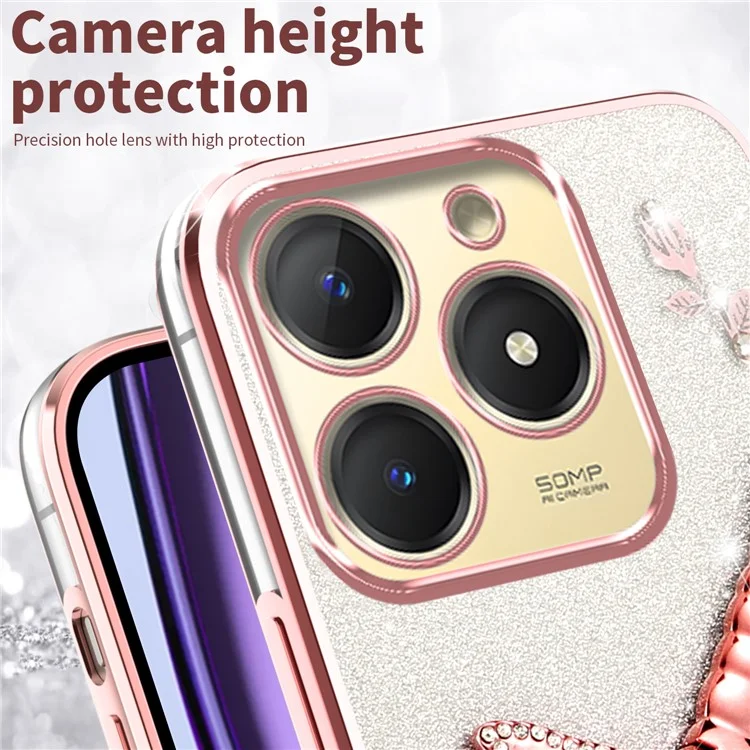 Custodia KADEM per TECNO Spark Go 2024 4G, Dragonfly Kickstand TPU Flowers Glitter Phone Cover - Rosa