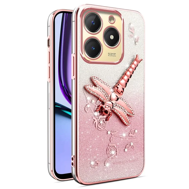 KADEM For Infinix Smart 8 4G Case Dragonfly Kickstand TPU Flowers Glitter Phone Cover - Pink
