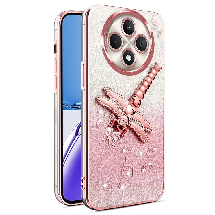 КАДЕМ для Oppo Reno12 F 5G / F27 5G Чехол Dragonfly Kickstand TPU Цветы Блестки Чехол для телефона - Розовый