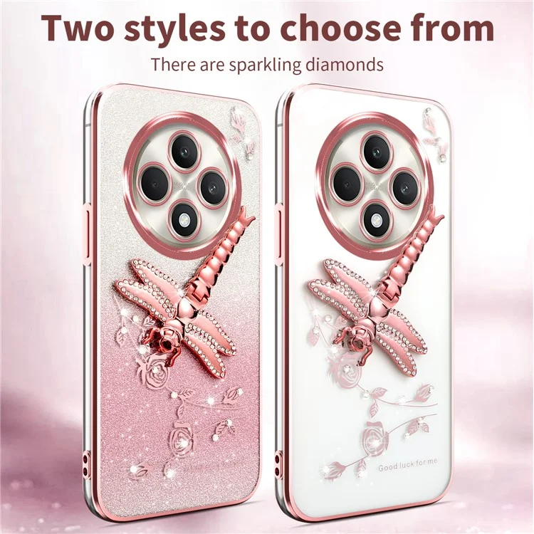 КАДЕМ для Oppo Reno12 F 5G / F27 5G Чехол Dragonfly Kickstand TPU Цветы Блестки Чехол для телефона - Розовый