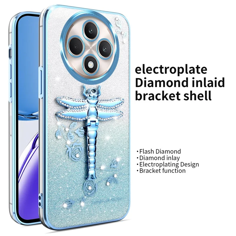 KADEM For Oppo Reno12 F 5G / F27 5G Case Dragonfly Kickstand TPU Flowers Glitter Phone Cover - Blue