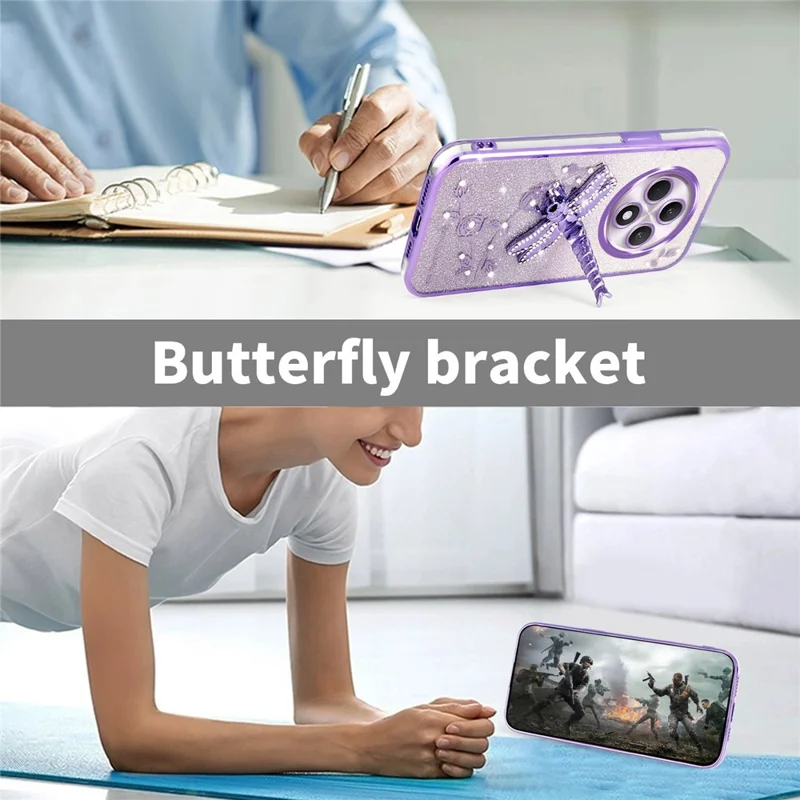 KADEM For Oppo Reno12 F 5G / F27 5G Case Dragonfly Kickstand TPU Flowers Glitter Phone Cover - Blue