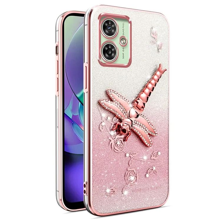 KADEM For Motorola Moto G64 5G / G54 5G Case Dragonfly Kickstand TPU Flowers Glitter Phone Cover - Pink