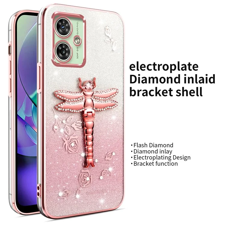 KADEM For Motorola Moto G64 5G / G54 5G Case Dragonfly Kickstand TPU Flowers Glitter Phone Cover - Pink