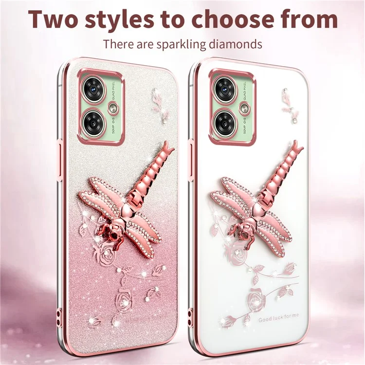 KADEM For Motorola Moto G64 5G / G54 5G Case Dragonfly Kickstand TPU Flowers Glitter Phone Cover - Pink