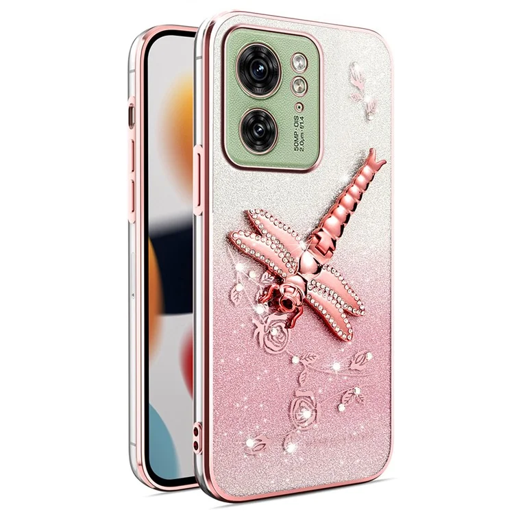 KADEM Capa para Motorola Edge 40 5G Dragonfly Kickstand TPU Flores Glitter Capa de Telefone - Rosa