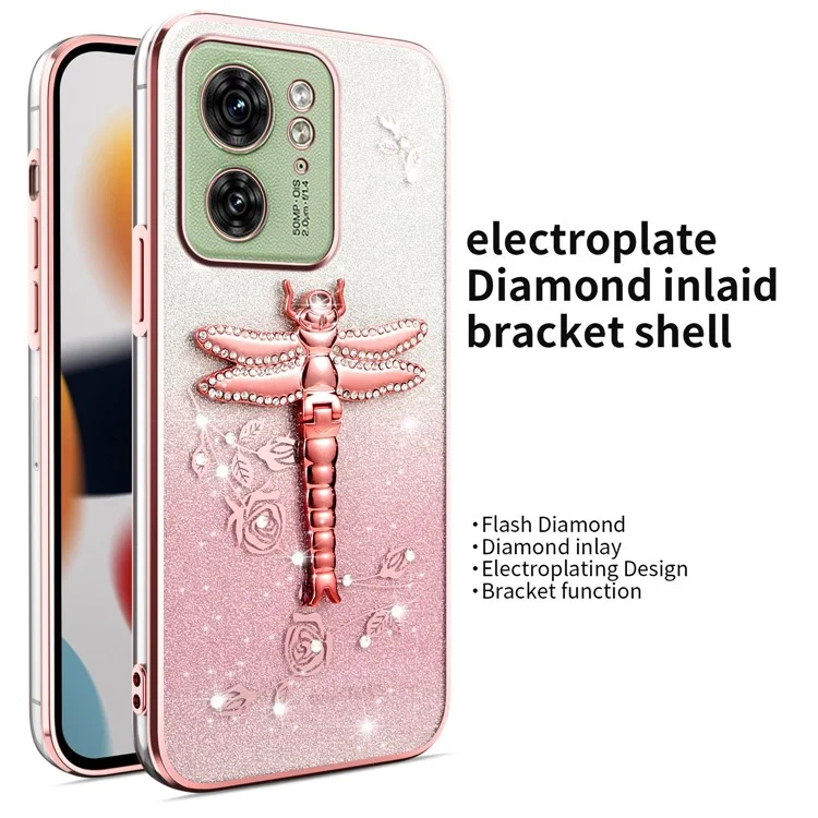 KADEM Capa para Motorola Edge 40 5G Dragonfly Kickstand TPU Flores Glitter Capa de Telefone - Rosa