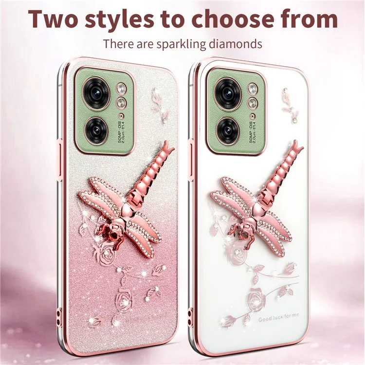 KADEM Capa para Motorola Edge 40 5G Dragonfly Kickstand TPU Flores Glitter Capa de Telefone - Rosa