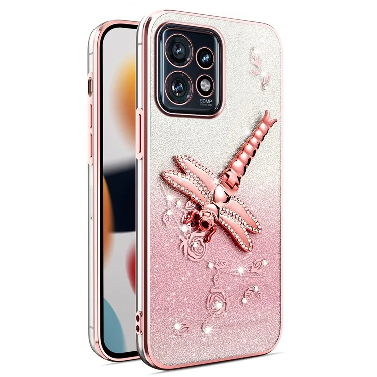 KADEM Per Motorola Edge 40 Pro 5G Custodia Dragonfly Supporto Kickstand TPU Fiori Glitter Cover per telefono - Rosa