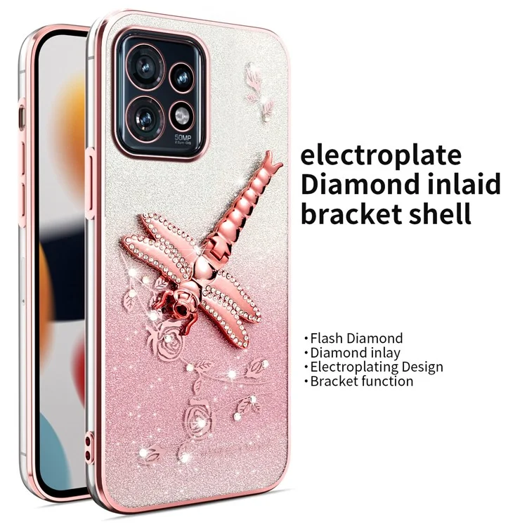 KADEM Per Motorola Edge 40 Pro 5G Custodia Dragonfly Supporto Kickstand TPU Fiori Glitter Cover per telefono - Rosa