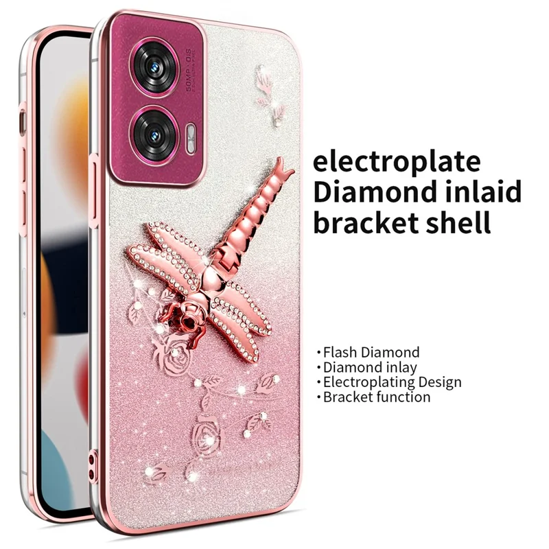 Funda para Motorola Edge 50 Fusion 5G de KADEM, con diseño de libélula, soporte, TPU, flores y purpurina - Rosa