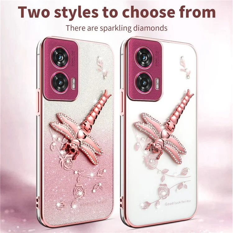 Funda para Motorola Edge 50 Fusion 5G de KADEM, con diseño de libélula, soporte, TPU, flores y purpurina - Rosa